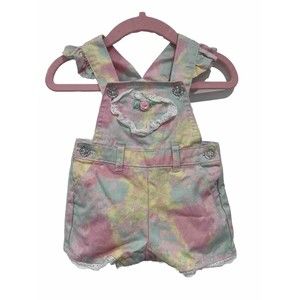 Baby Girls Shortalls 0/3M‎ Blue Pink Denim Embroidered Lace Flower Tie Dye
